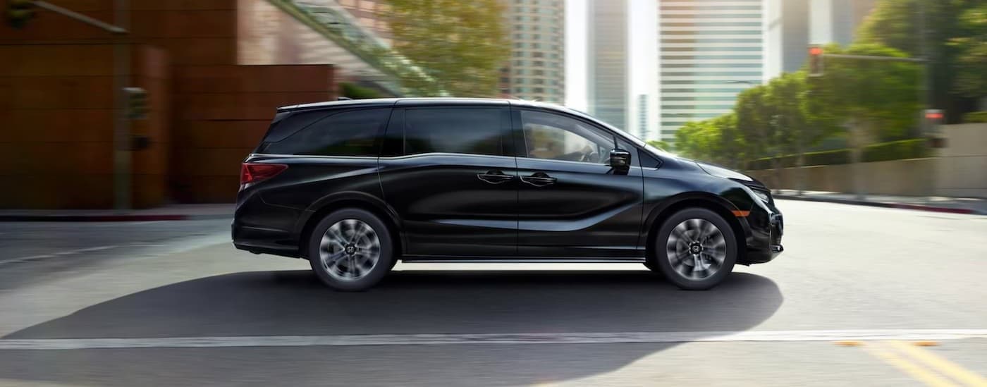 A black 2025 Honda Odyssey driving in a city.